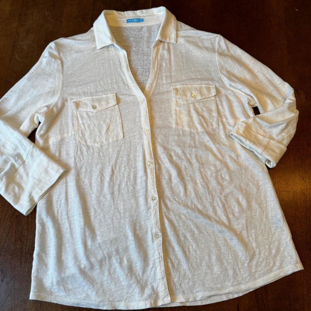 J.McLaughlin Button Up Women L White Linen Blend V-Neck 3/4 Sleeve Slub Top